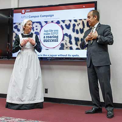 IUPUI Chancellor Nasser H. Paydar and IU School of Nursing Dean Robin Newhouse dressed up as Florence Nightingale dance during the 2020 IUPUI Campus Campaign Kickoff festivities.