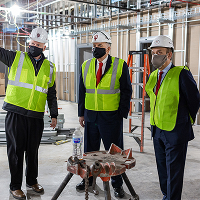 IU Vice President for Capital Planning and Facilities Tom Morrison shows IU President McRobbie and IUPUI Chancellor Nasser Paydar some of the new construction work at IUPUI.