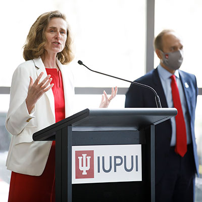 Incoming IU President Pamela Whitten delivers remarks at the IUPUI Campus Center.