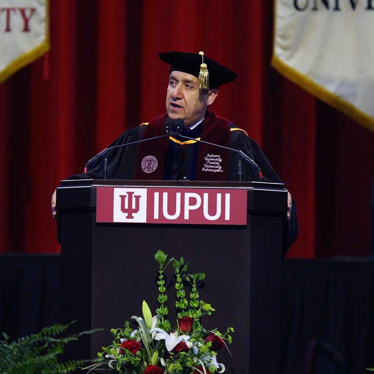 Chancellor Paydar delivers his remarks at the 2019 IUPUI Commencement Ceremony.