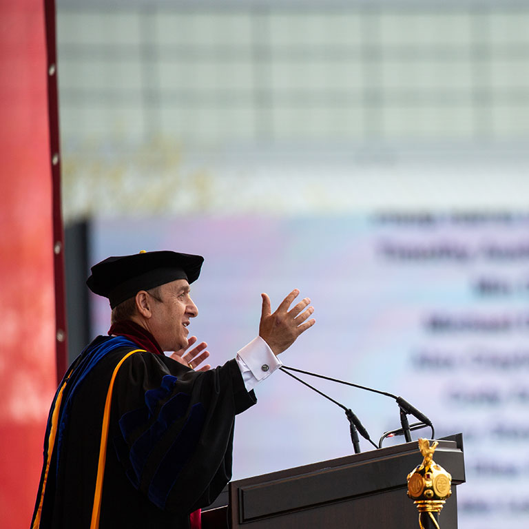IUPUI Chancellor Nasser H. Paydar addresses the Class of 2020 and 2021 at the IUPUI 2021 Commencement.